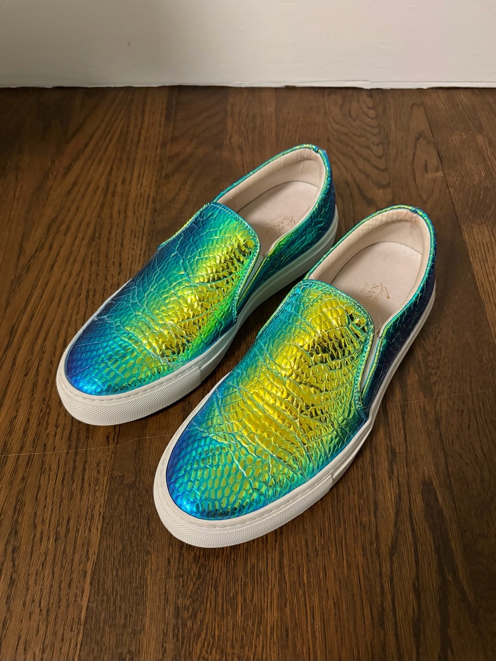 Joshua Sanders Green Blue Iridescent Snakeskin Slip On Sneakers 10/41
